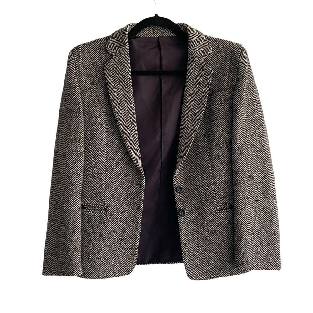 Brian Tucker Ireland Wool Herringbone Blazer Black Grey Large
